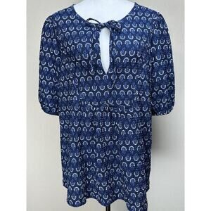 LOFT Blue Floral Puff Sleeve Tie Neck Top Women’s XL Relaxed Fit Stretch